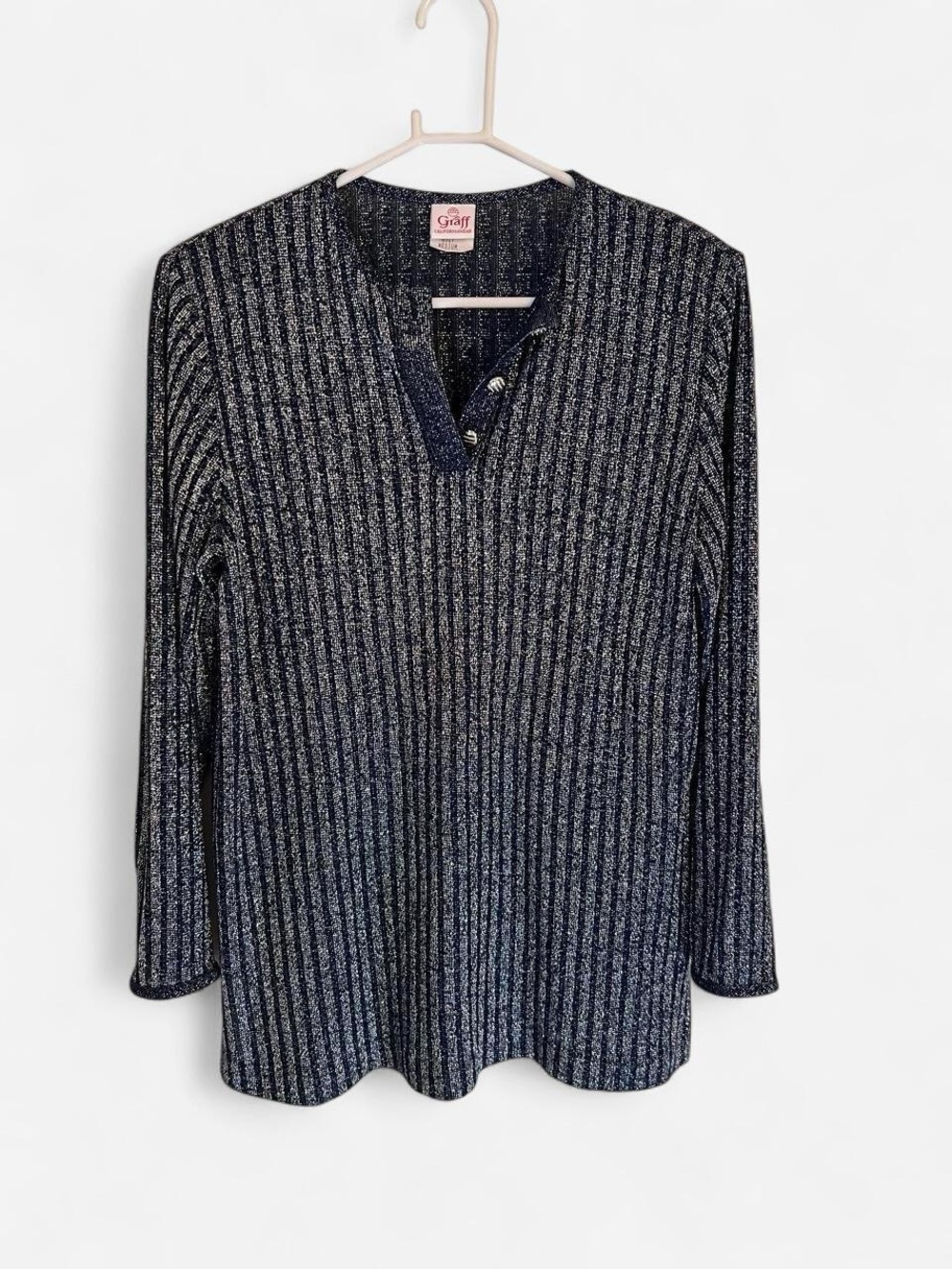 Gilli Navy Metallic Ribbed Button-Front Long Sleeve Top